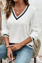 Preppy Waffle Knit V Neck Striped Trim Long Sleeve Top